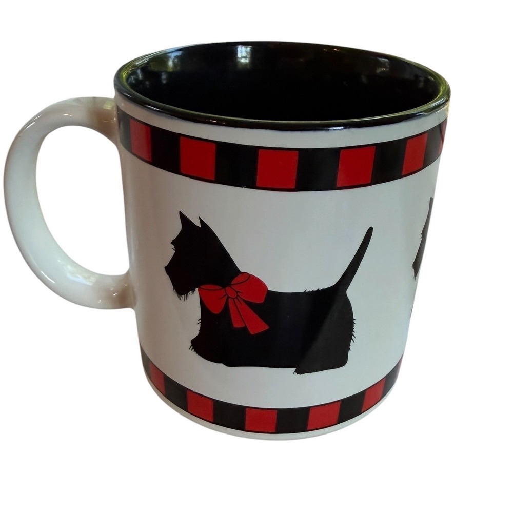 Vtg 90 Department 56 Scottie Dog Coffee Mug Black Scottish Terrier Bow Checkered